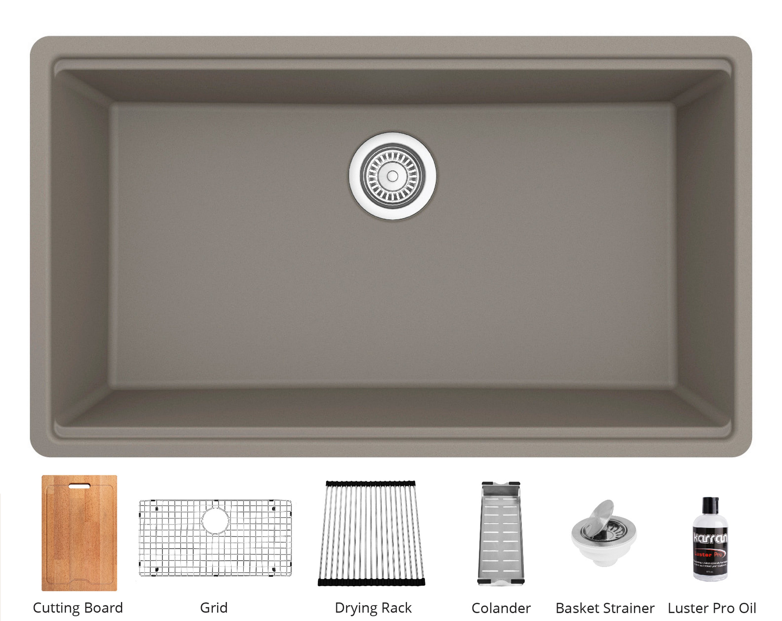 Alternate Image for Karran 33" Undermount Quartz Composite Workstation Kitchen Sink with Accessories, Concrete, QUWS-875-CN