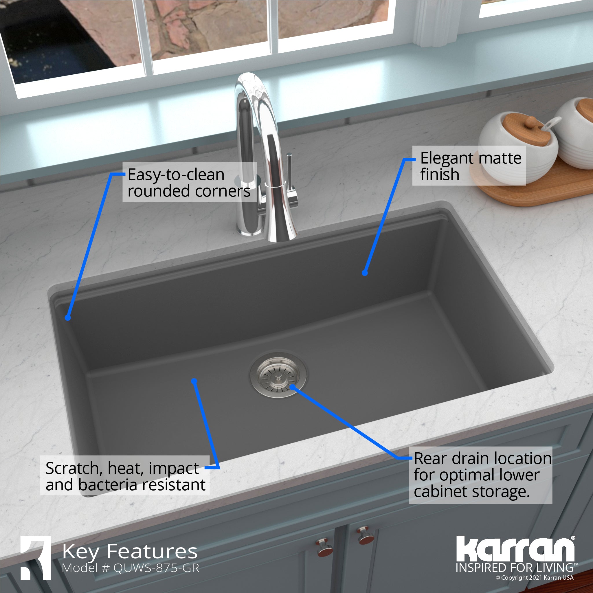 Alternate Image for Karran 33" Undermount Quartz Composite Workstation Kitchen Sink with Accessories, Grey, QUWS-875-GR