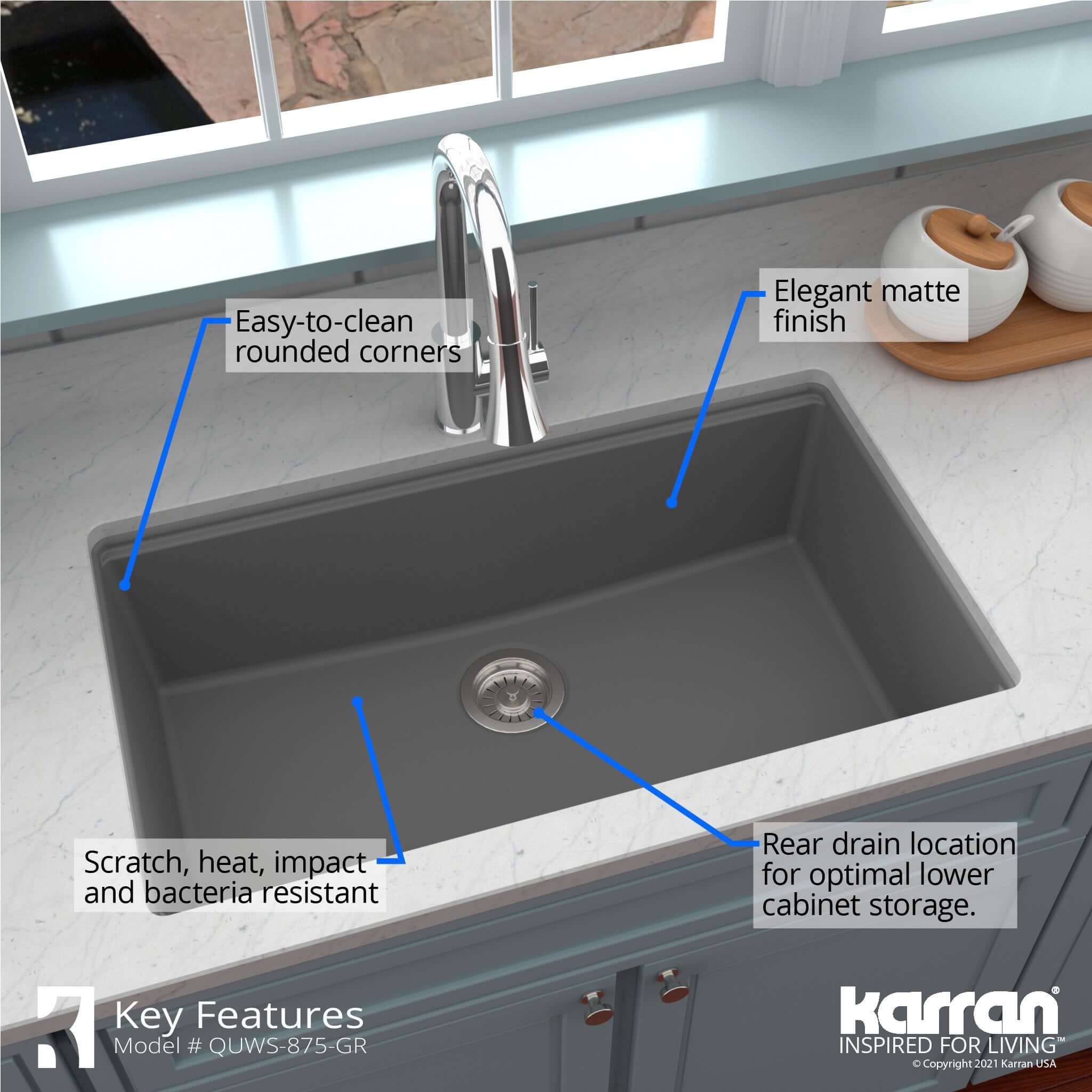 Alternate Image for Karran 33" Undermount Quartz Composite Workstation Kitchen Sink with Accessories, Grey, QUWS-875-GR