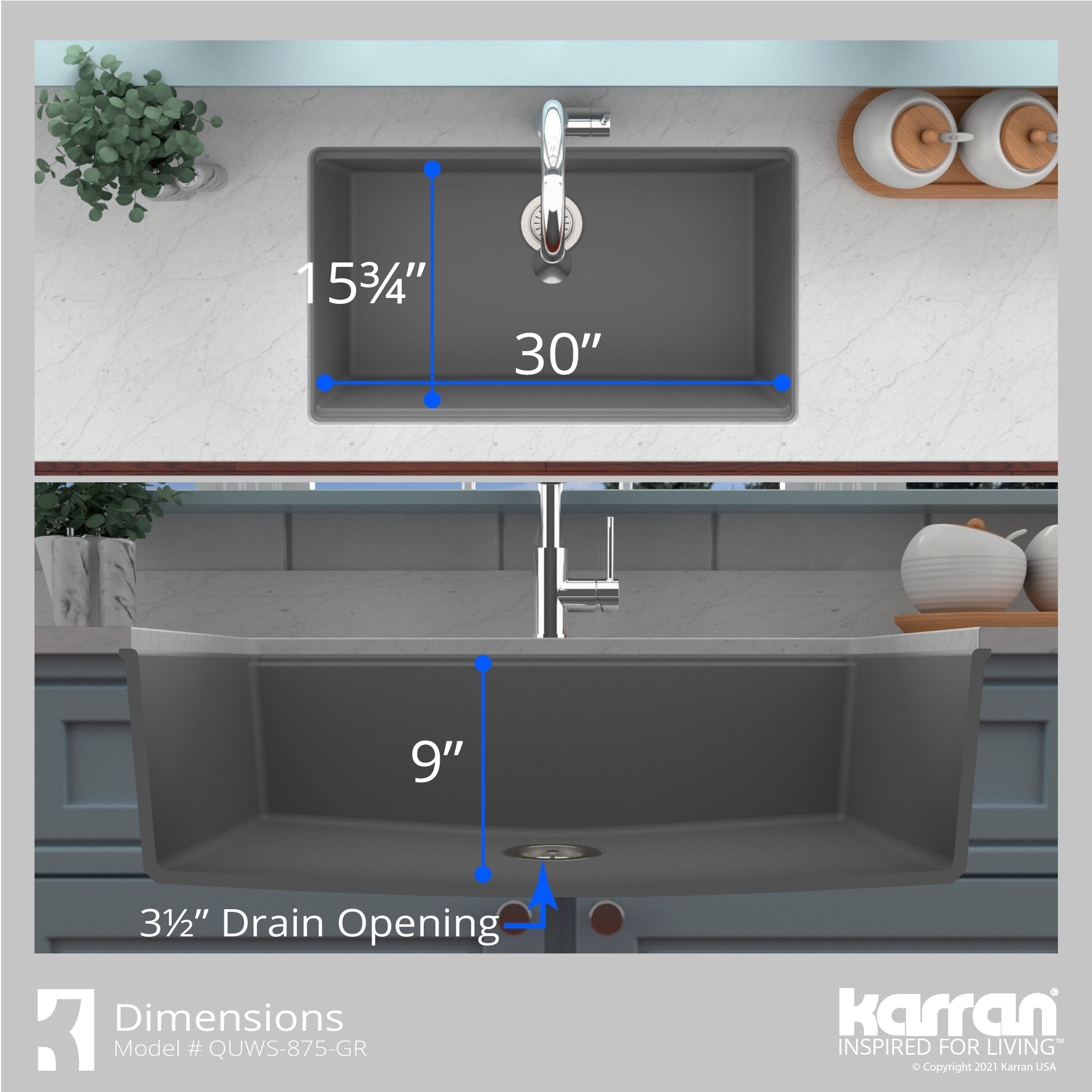 Alternate Image for Karran 33" Undermount Quartz Composite Workstation Kitchen Sink with Accessories, Grey, QUWS-875-GR