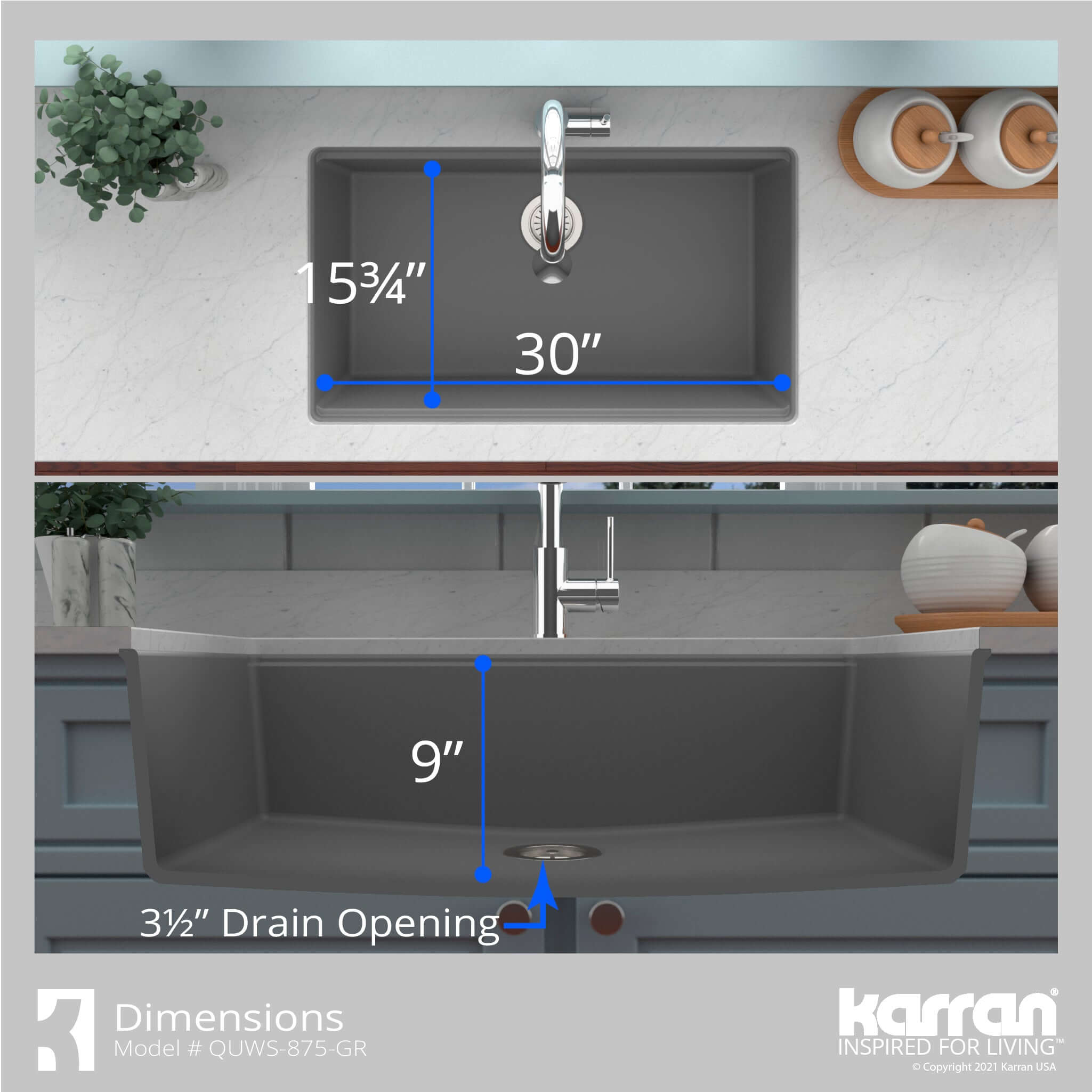 Alternate Image for Karran 33" Undermount Quartz Composite Workstation Kitchen Sink with Accessories, Grey, QUWS-875-GR