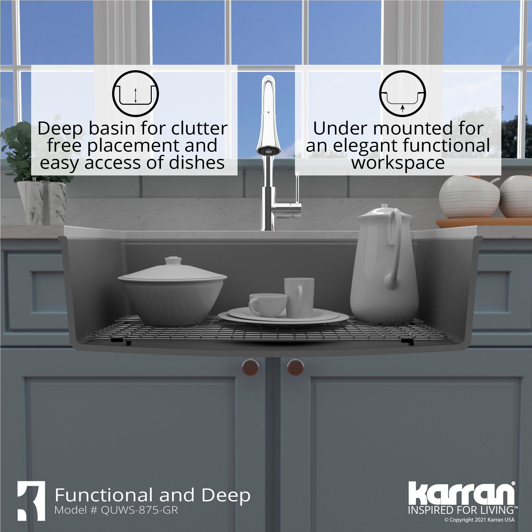 Alternate Image for Karran 33" Undermount Quartz Composite Workstation Kitchen Sink with Accessories, Grey, QUWS-875-GR