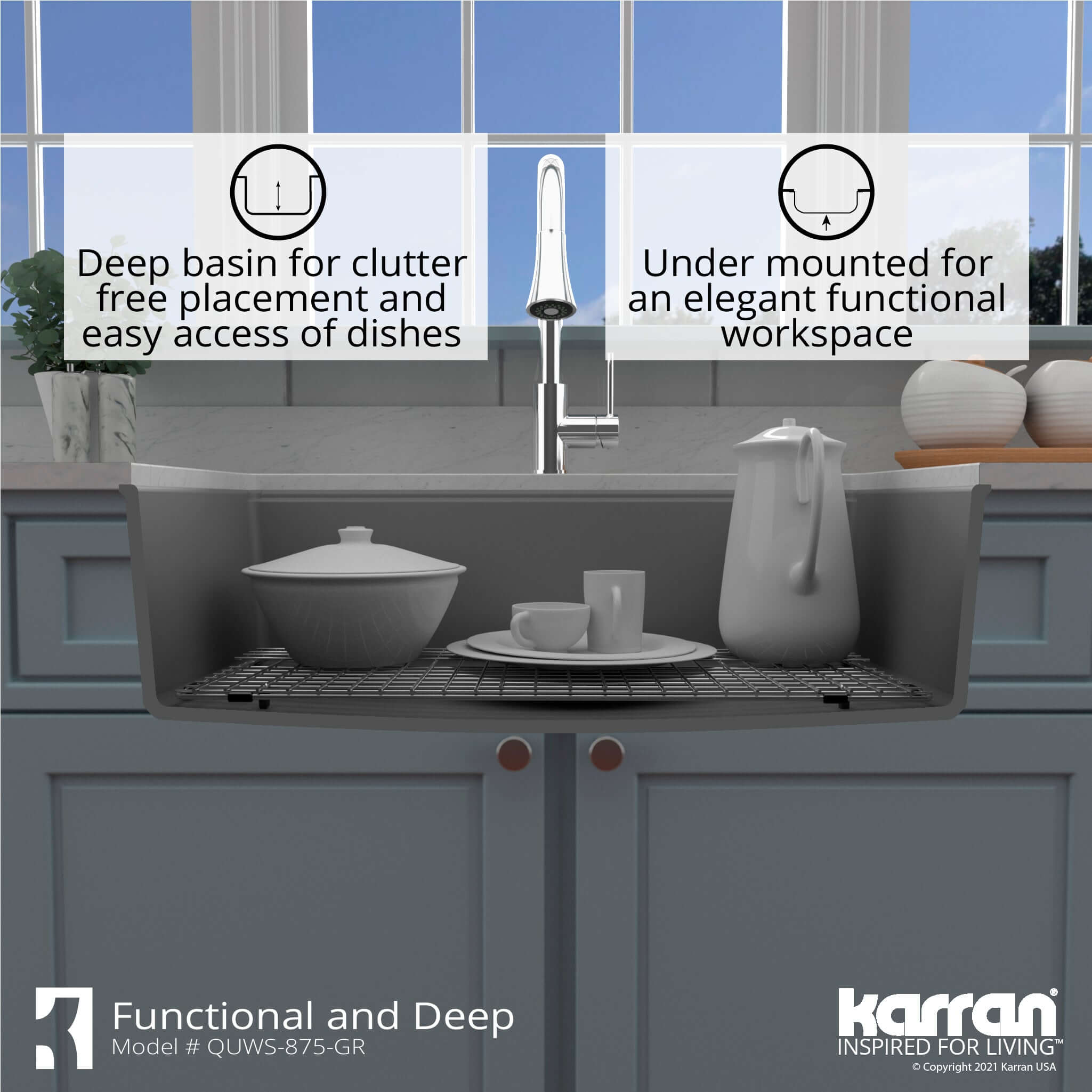 Alternate Image for Karran 33" Undermount Quartz Composite Workstation Kitchen Sink with Accessories, Grey, QUWS-875-GR