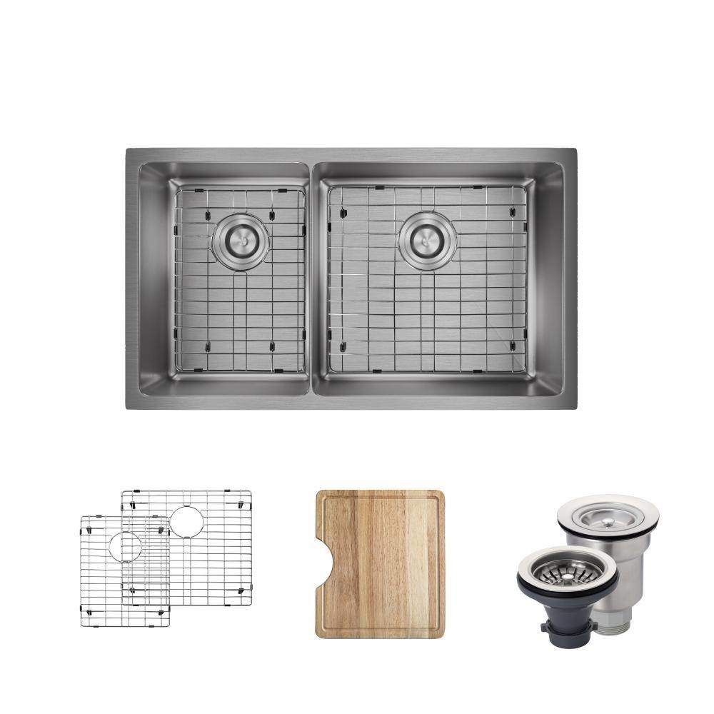Rene 31" Stainless Steel Kitchen Sink, 40/60 Double Bowl, 16 Gauge, R1-1037R-16 - The Sink Boutique