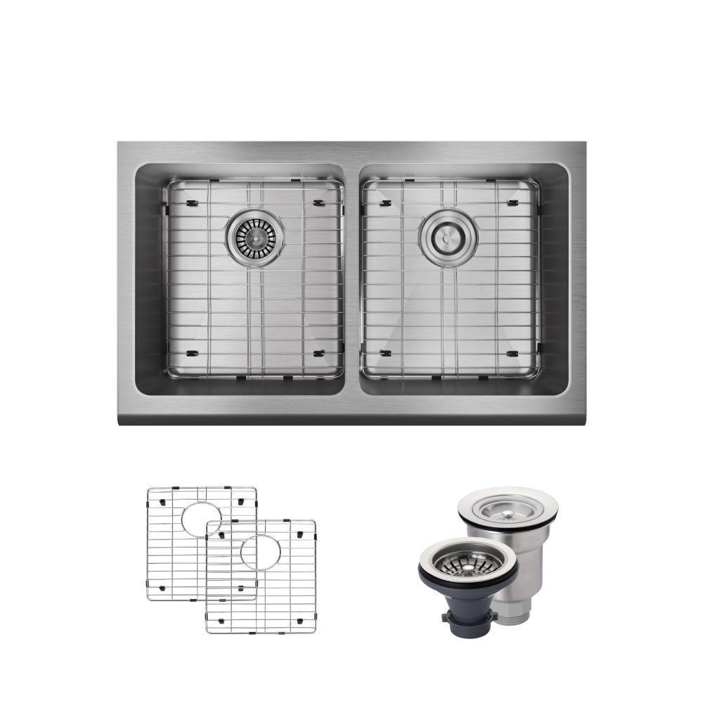 Rene 33" Stainless Steel Farmhouse Sink, 50/50 Double Bowl, 16 Gauge, R1-3002-16 - The Sink Boutique