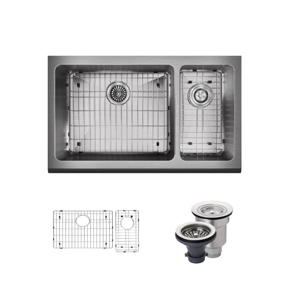 Rene 33" Stainless Steel Farmhouse Sink, 70/30 Double Bowl, 16 Gauge, R1-3003L-16 - The Sink Boutique