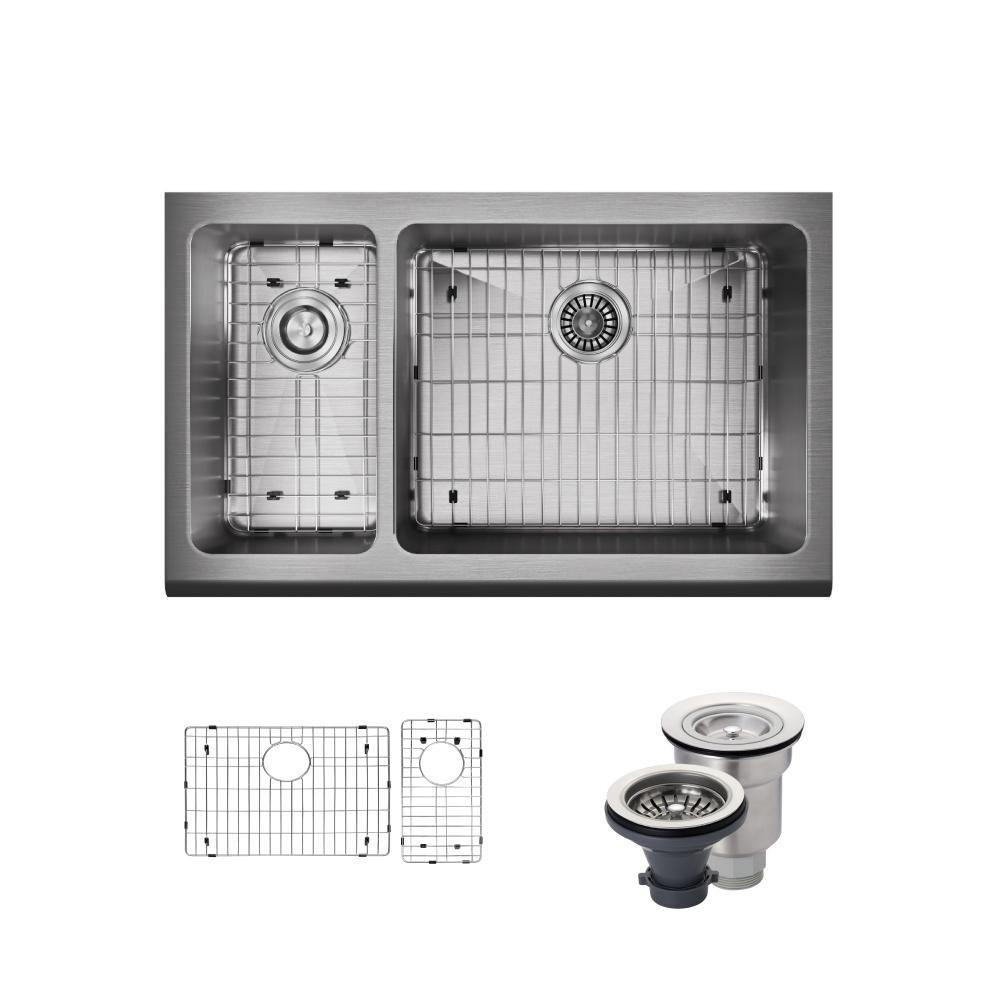 Rene 33" Stainless Steel Farmhouse Sink, 30/70 Double Bowl, 16 Gauge, R1-3003R-16 - The Sink Boutique