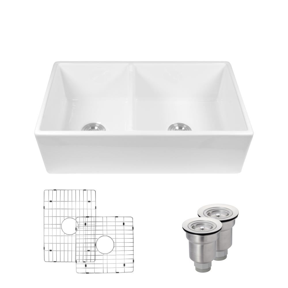 Rene 33" Fireclay Farmhouse Sink, 60/40 Double Bowl, White, R10-3003-ST-B - The Sink Boutique