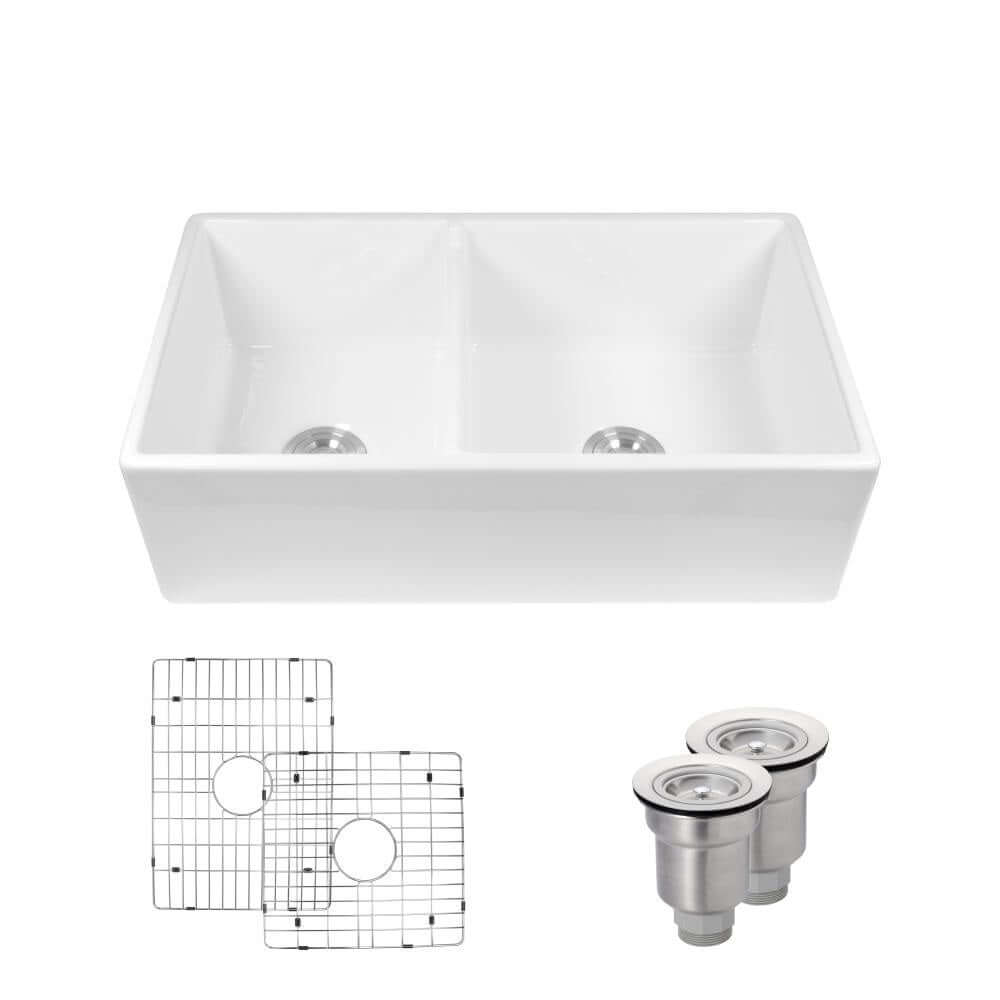 Alternate Image for Rene 33" Fireclay Farmhouse Sink, 60/40 Double Bowl, White, R10-3003-ST-B