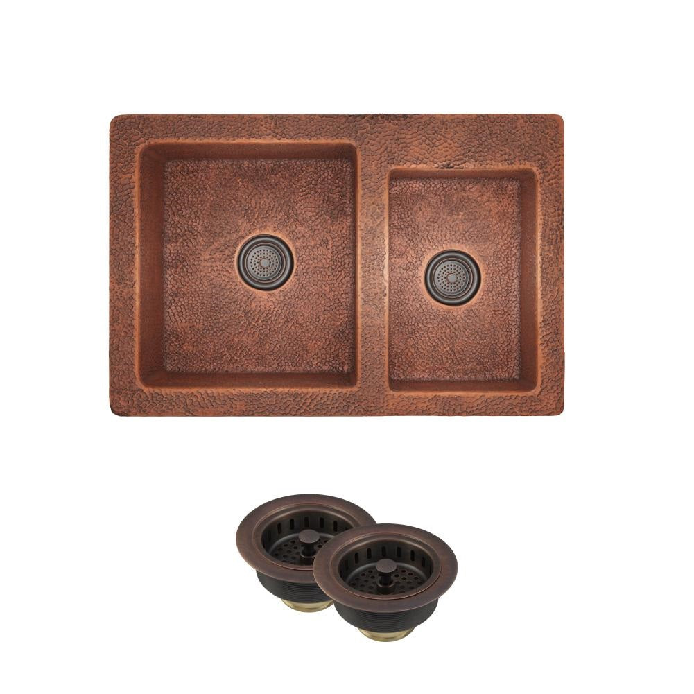 Rene 33" Copper Farmhouse Sink, 60/40 Double Bowl, R4-3001-ST-C - The Sink Boutique