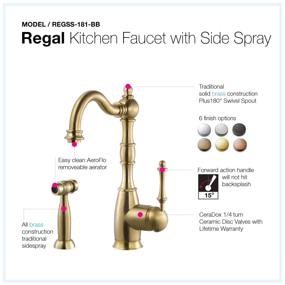 Alternate Image for Houzer Regal Solid Brass Kitchen Faucet with Sidespray Brushed Brass, REGSS-181-BB