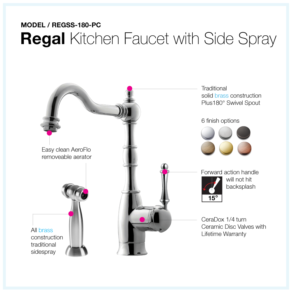 Alternate Image for Houzer Regal Traditional Solid Brass Kitchen Faucet with Sidespray Polished Chrome, REGSS-181-PC