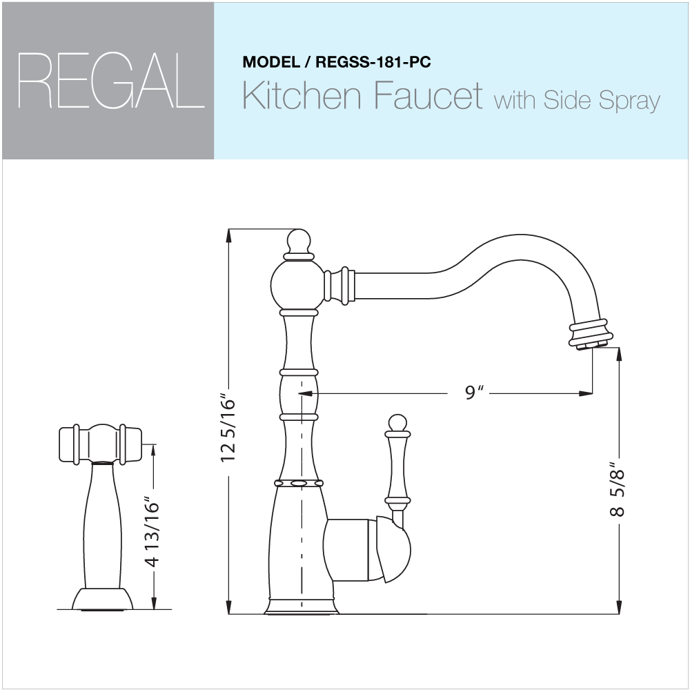 Alternate Image for Houzer Regal Traditional Solid Brass Kitchen Faucet with Sidespray Polished Chrome, REGSS-181-PC