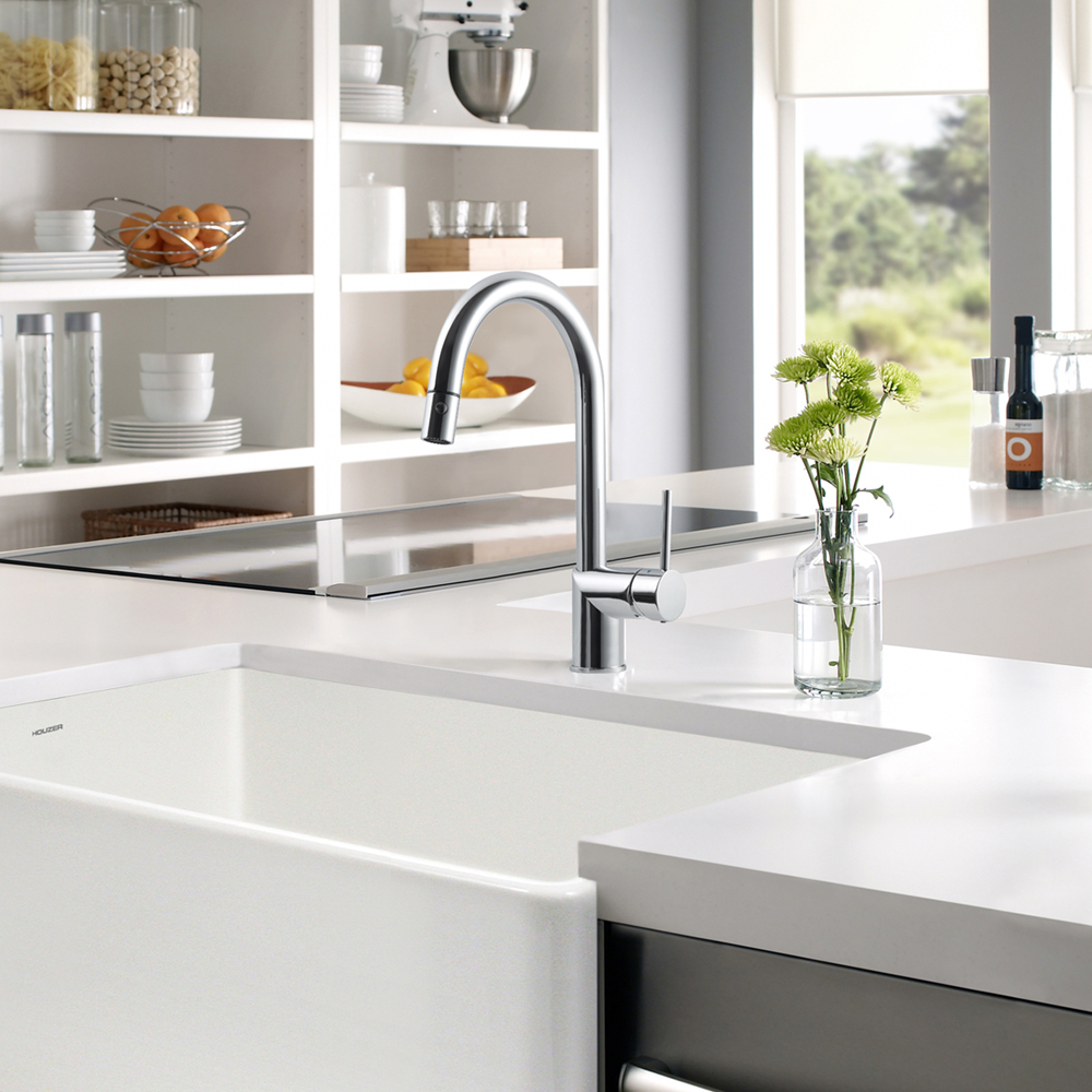 Houzer Sentinel Pull Down Kitchen Faucet Hot Water Safety Brushed Nickel, SENPD-466-BN - The Sink Boutique