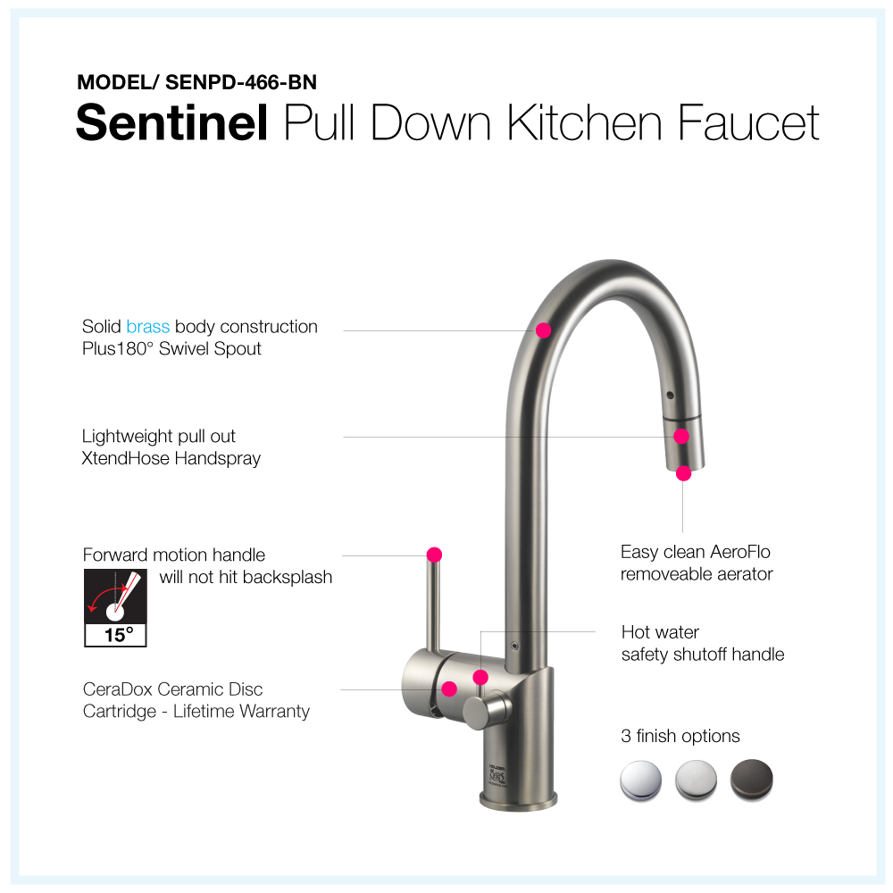 Alternate Image for Houzer Sentinel Pull Down Kitchen Faucet Hot Water Safety Brushed Nickel, SENPD-466-BN