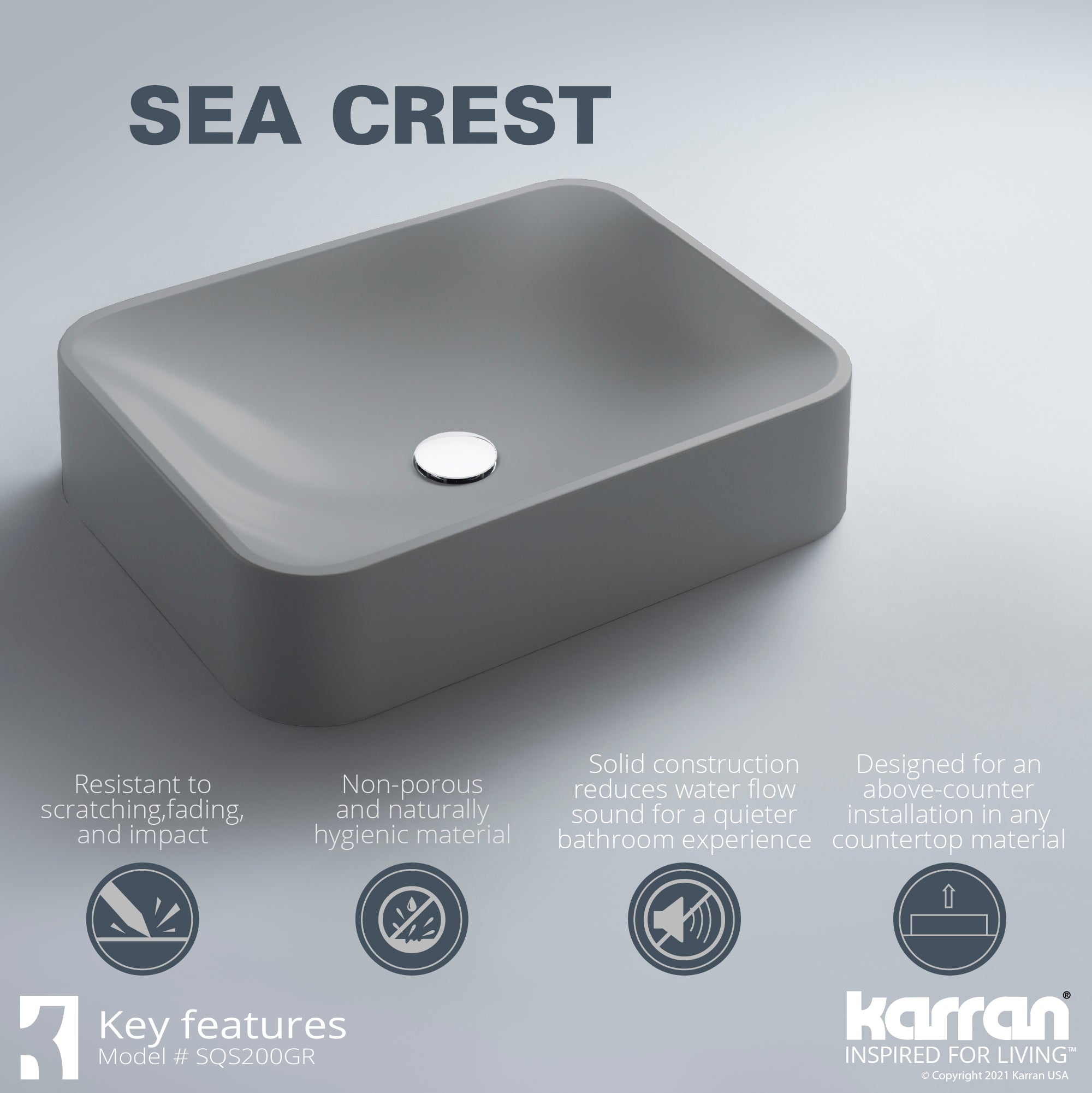 Alternate Image for Karran Sternhagen Sea Crest 21.5" x 16.375" Rectangular Vessel Quartz Composite ADA Bathroom Sink, Grey, SQS200GR