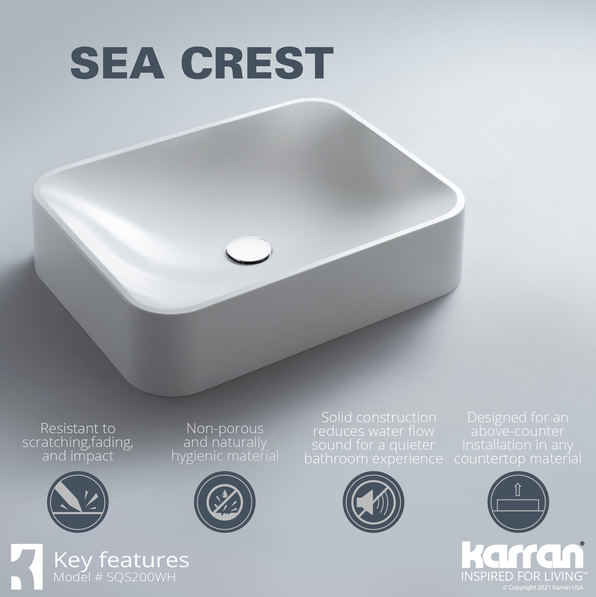 Alternate Image for Karran Sternhagen Sea Crest 21.5" x 16.375" Rectangular Vessel Quartz Composite ADA Bathroom Sink, White, SQS200WH