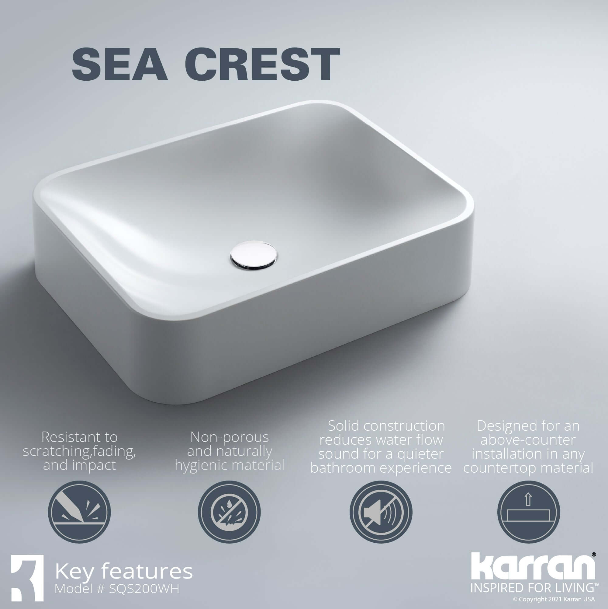 Alternate Image for Karran Sternhagen Sea Crest 21.5" x 16.375" Rectangular Vessel Quartz Composite ADA Bathroom Sink, White, SQS200WH