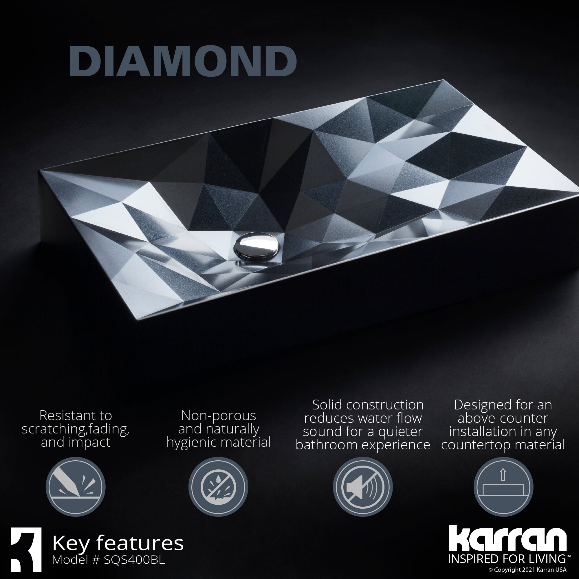 Alternate Image for Karran Sternhagen Diamond 28.125" x 16.375" Rectangular Vessel Quartz Composite ADA Bathroom Sink, Black, SQS400BL