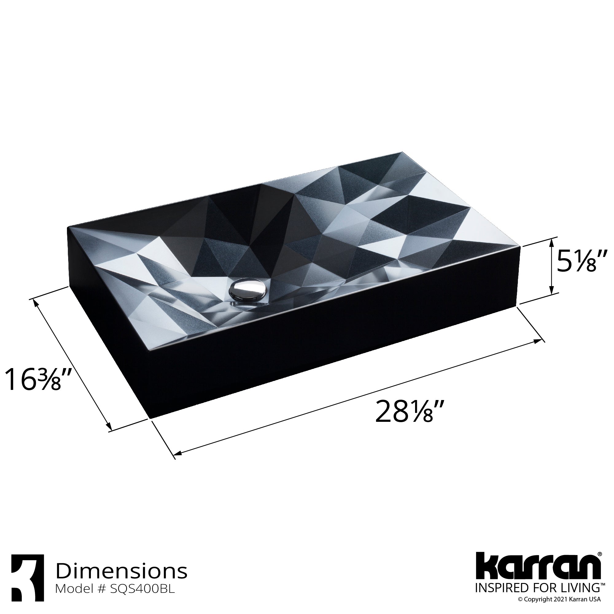 Alternate Image for Karran Sternhagen Diamond 28.125" x 16.375" Rectangular Vessel Quartz Composite ADA Bathroom Sink, Black, SQS400BL