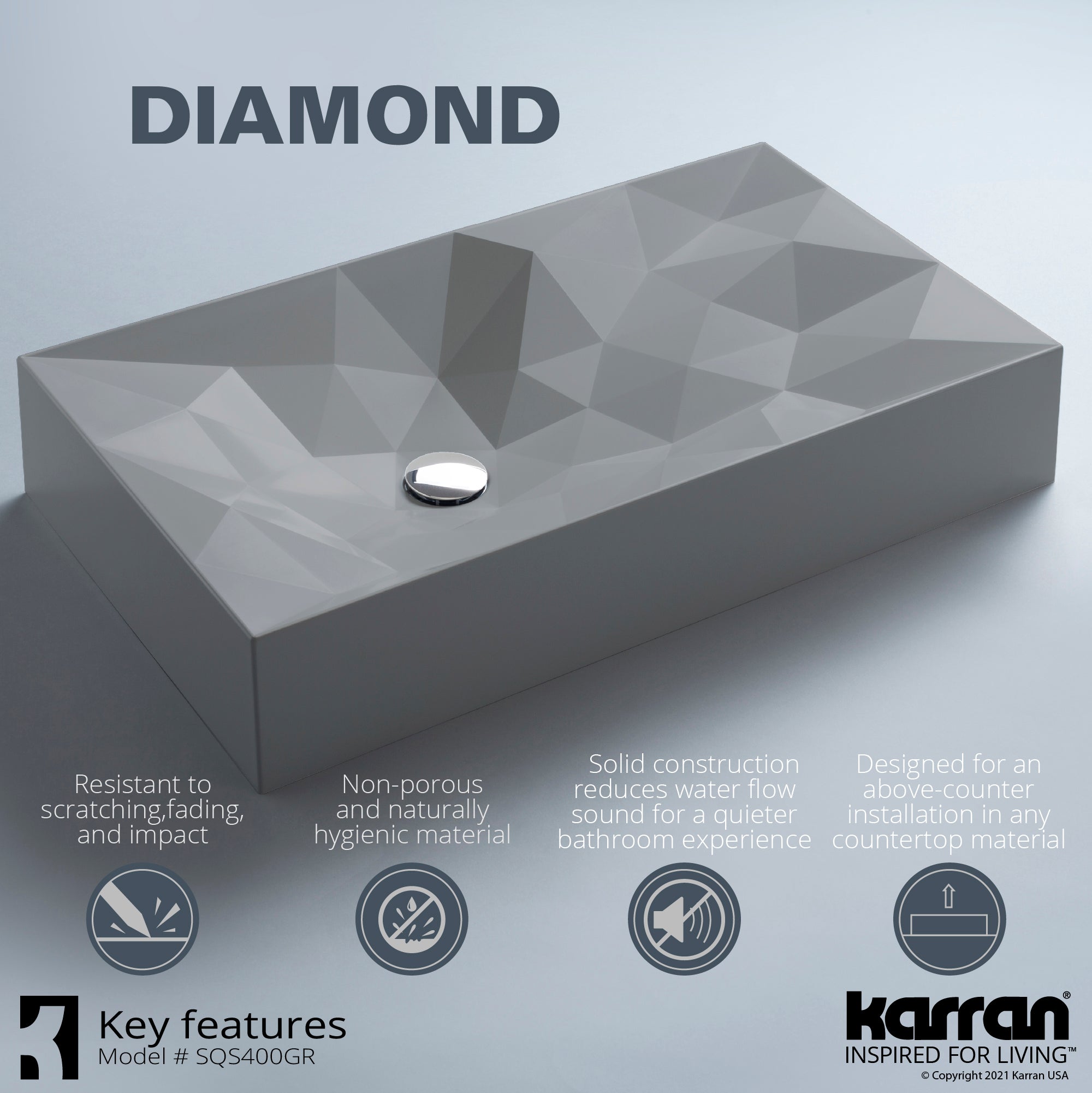Alternate Image for Karran Sternhagen Diamond 28.125" x 16.375" Rectangular Vessel Quartz Composite ADA Bathroom Sink, Grey, SQS400GR