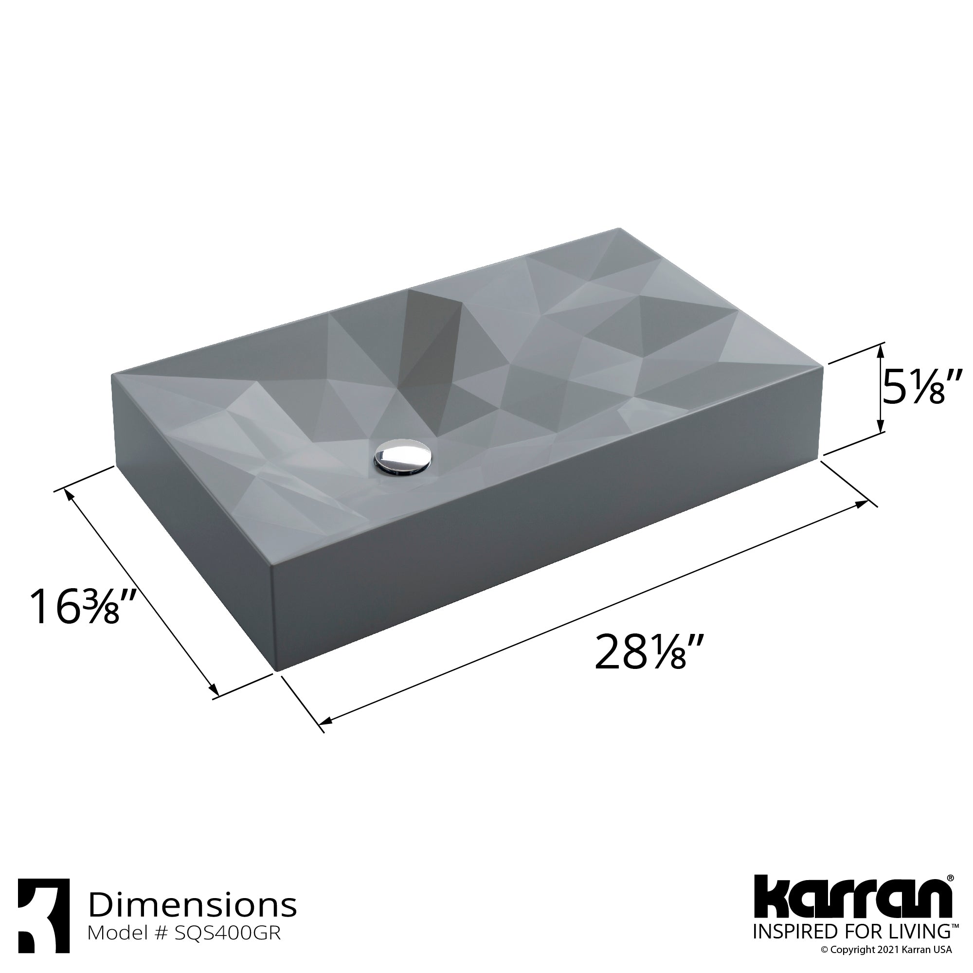Alternate Image for Karran Sternhagen Diamond 28.125" x 16.375" Rectangular Vessel Quartz Composite ADA Bathroom Sink, Grey, SQS400GR