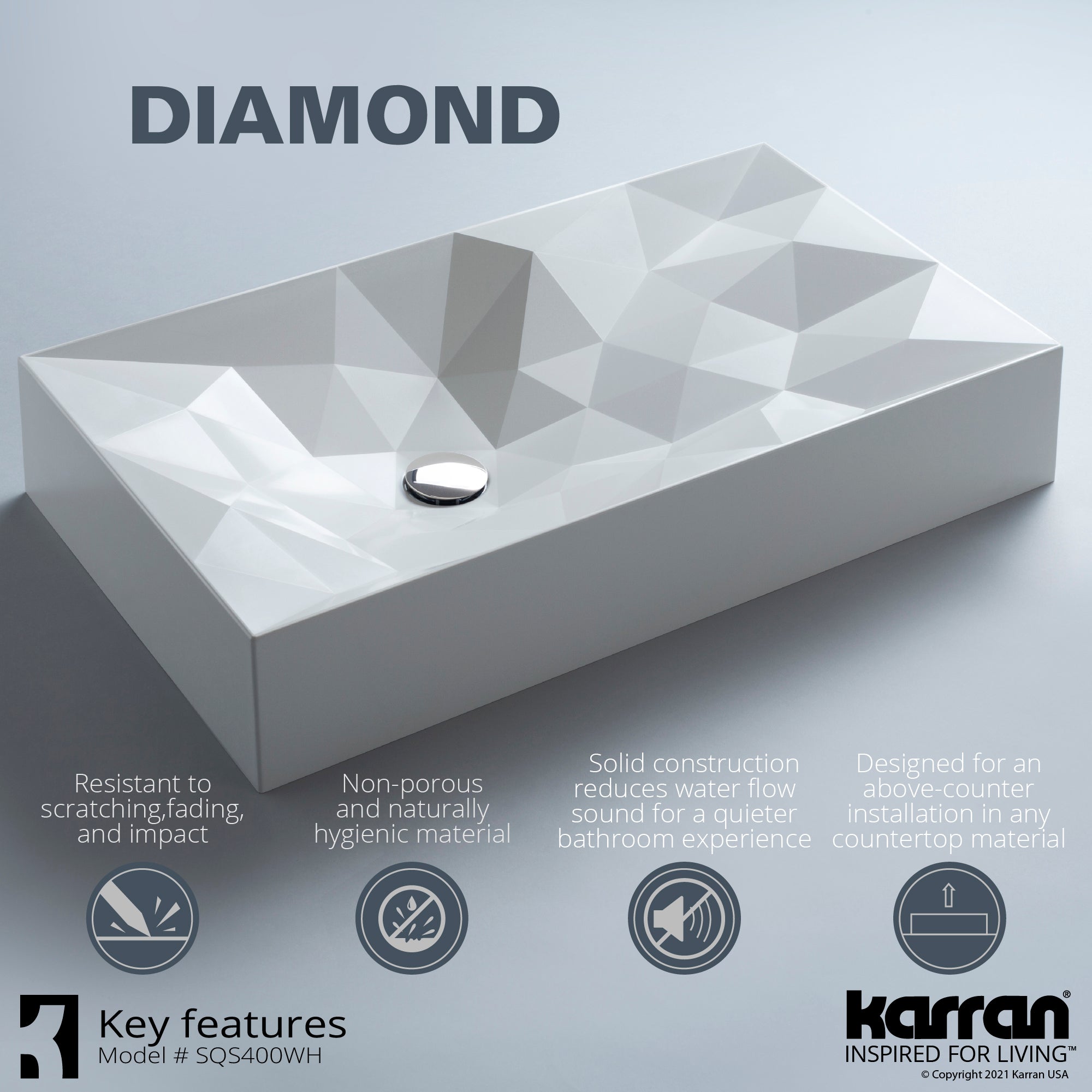 Alternate Image for Karran Sternhagen Diamond 28.125" x 16.375" Rectangular Vessel Quartz Composite ADA Bathroom Sink, White, SQS400WH