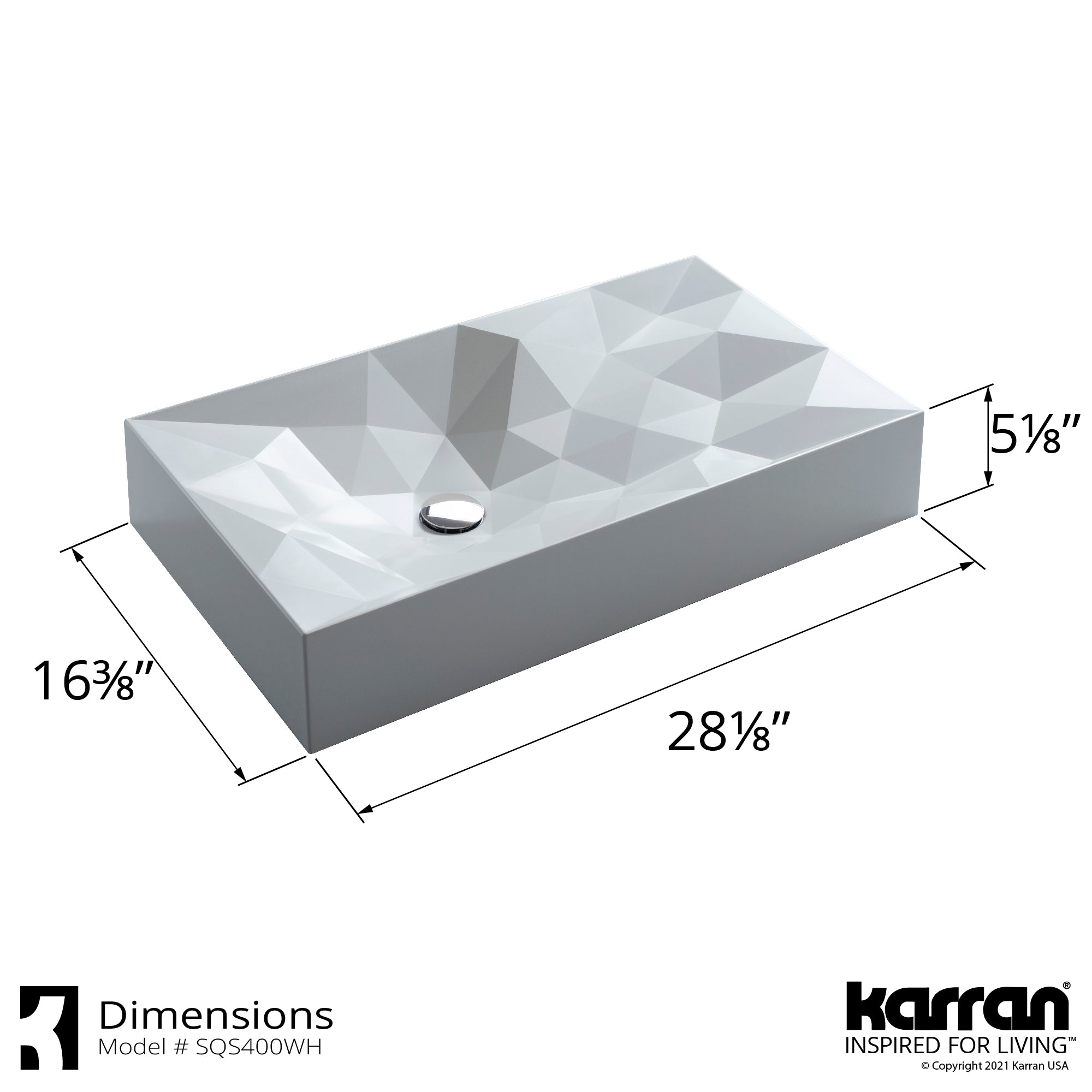 Alternate Image for Karran Sternhagen Diamond 28.125" x 16.375" Rectangular Vessel Quartz Composite ADA Bathroom Sink, White, SQS400WH