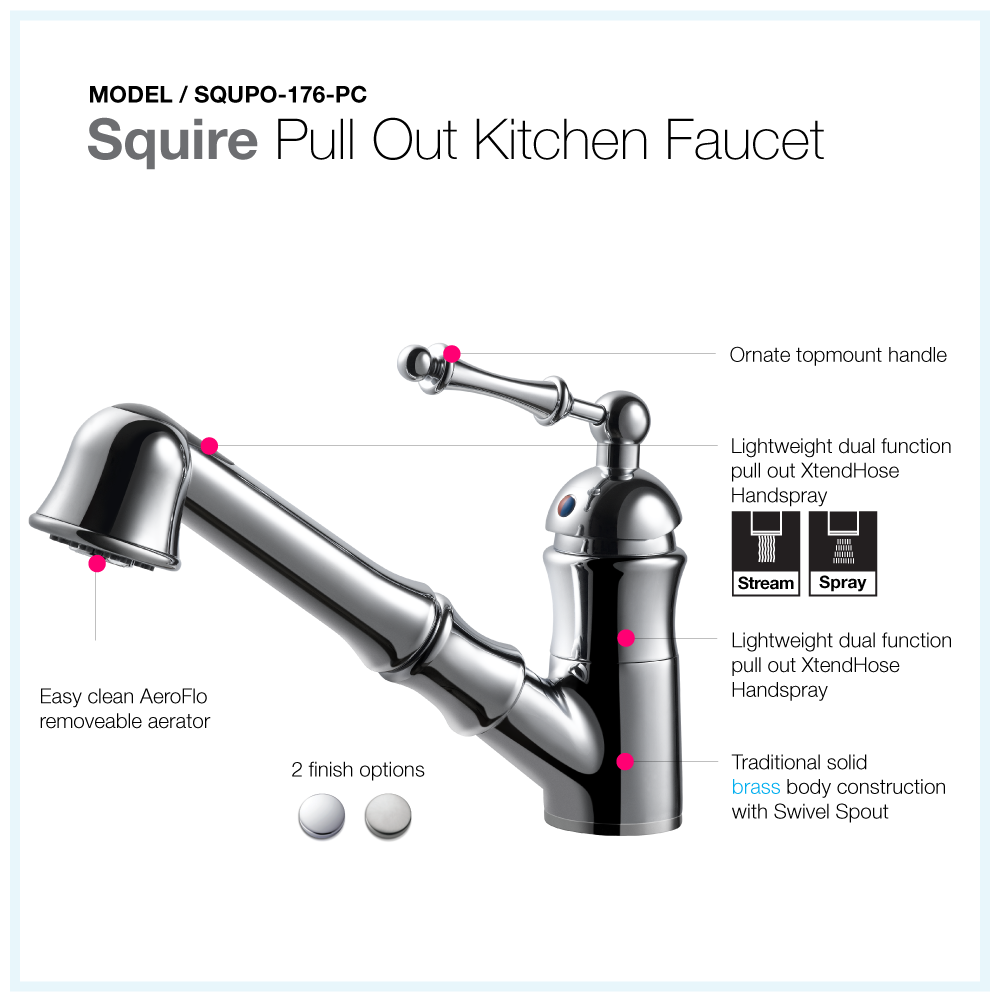 Alternate Image for Houzer Squire Pull Out Traditional Kitchen Faucet with CeraDox Technology Polished Chrome, SQUPO-176-PC