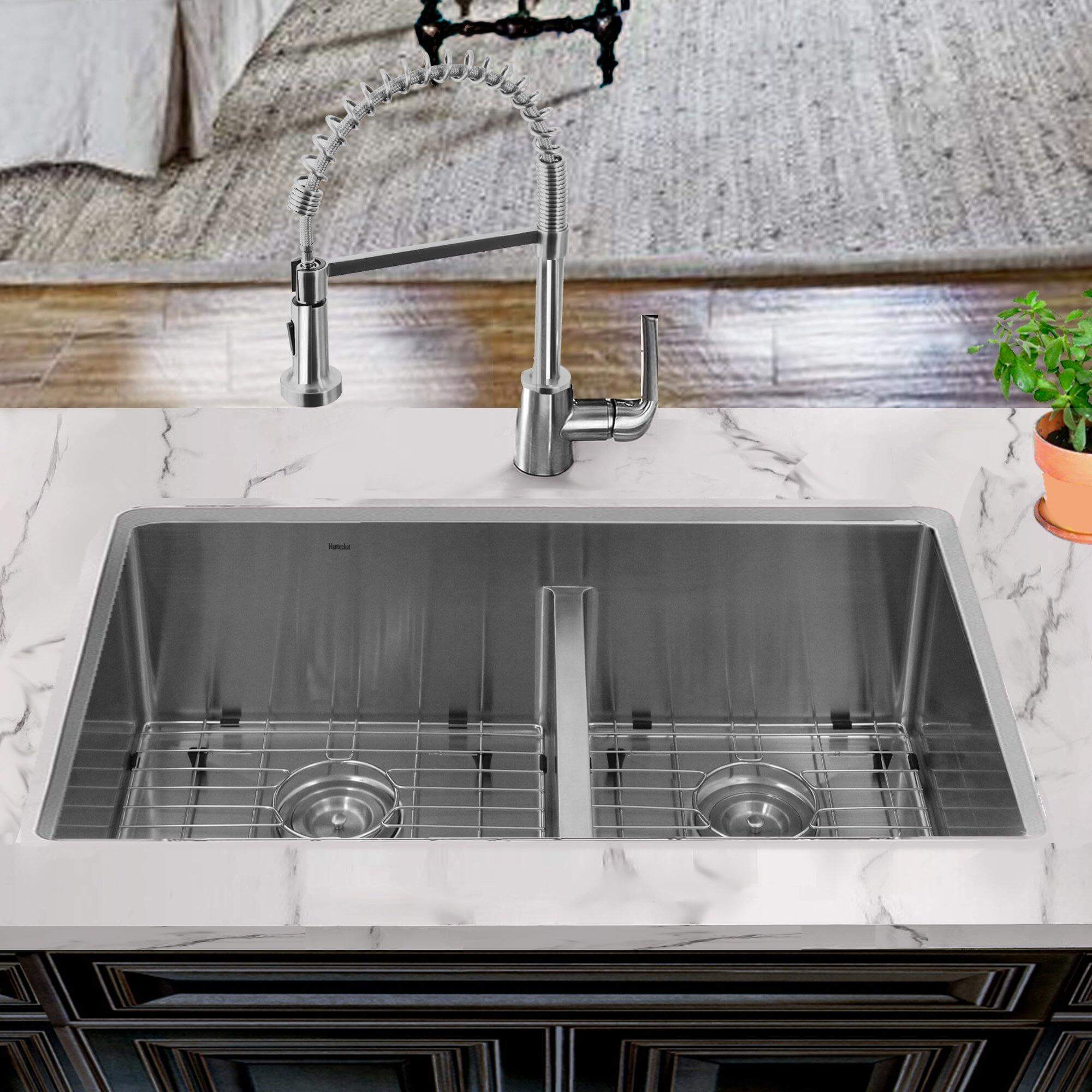 Alternate Image for Nantucket Sinks Pro Series 32" Undermount 304 Stainless Steel Kitchen Sink with Accessories, 16 Gauge, 55/45 Double Bowl, Silver, SR3219-OS-16
