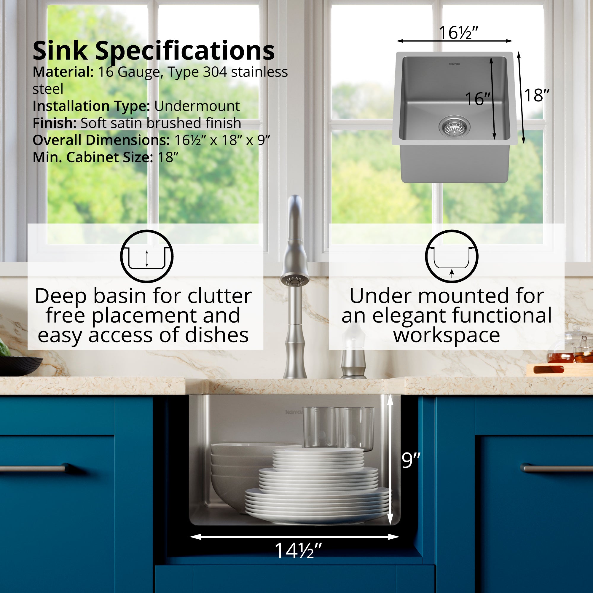 Alternate Image for Karran Select 17" Undermount Stainless Steel Kitchen Sink with Accessories, 16 Gauge, SU71-PK1