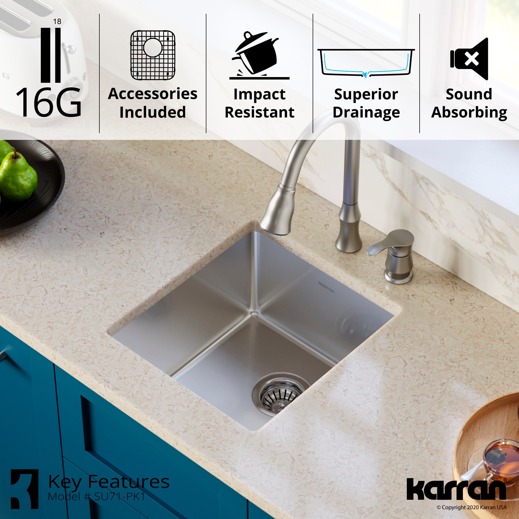 Alternate Image for Karran Select 17" Undermount Stainless Steel Kitchen Sink with Accessories, 16 Gauge, SU71-PK1