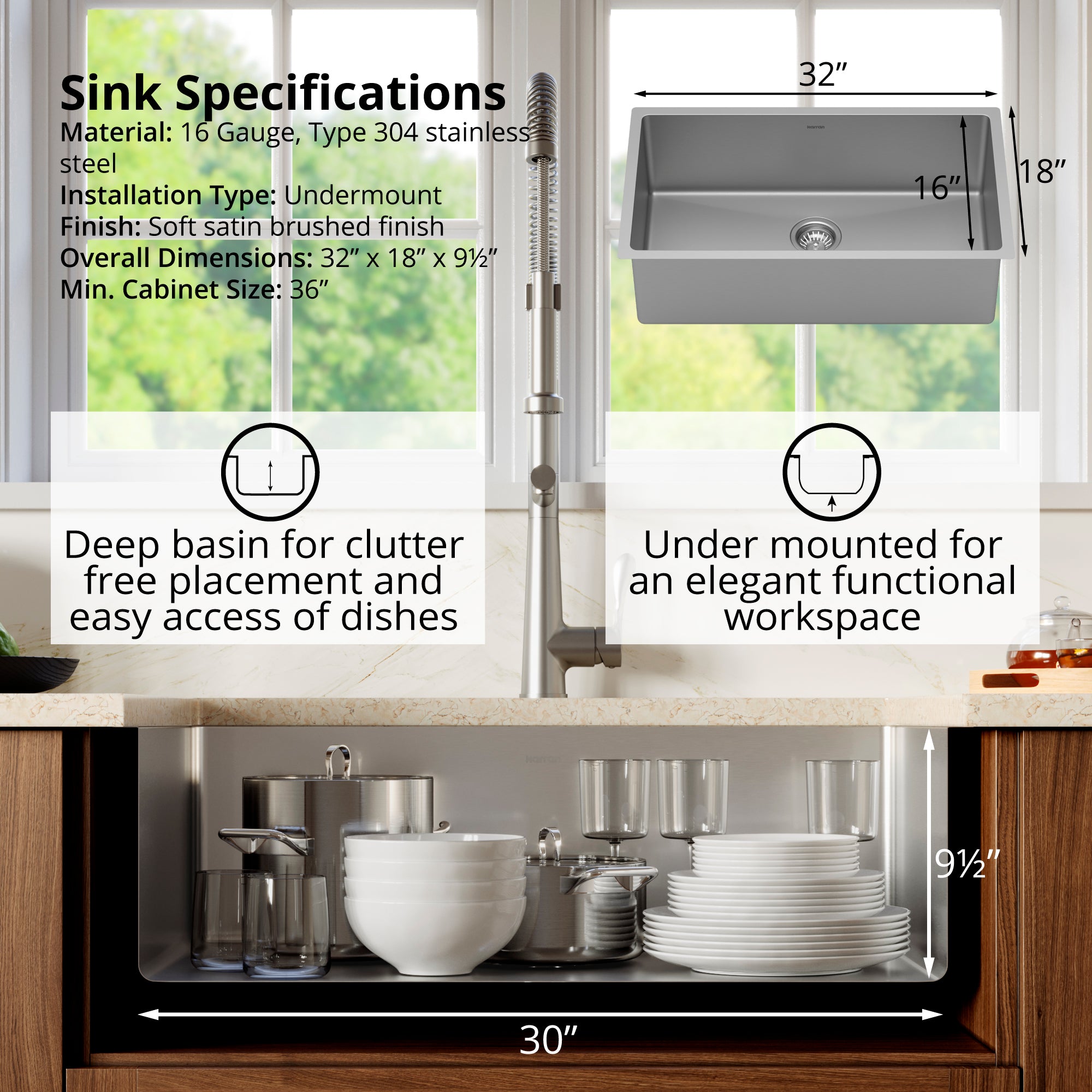 Alternate Image for Karran Select 32" Undermount Stainless Steel Kitchen Sink with Accessories, 16 Gauge, SU75-PK1