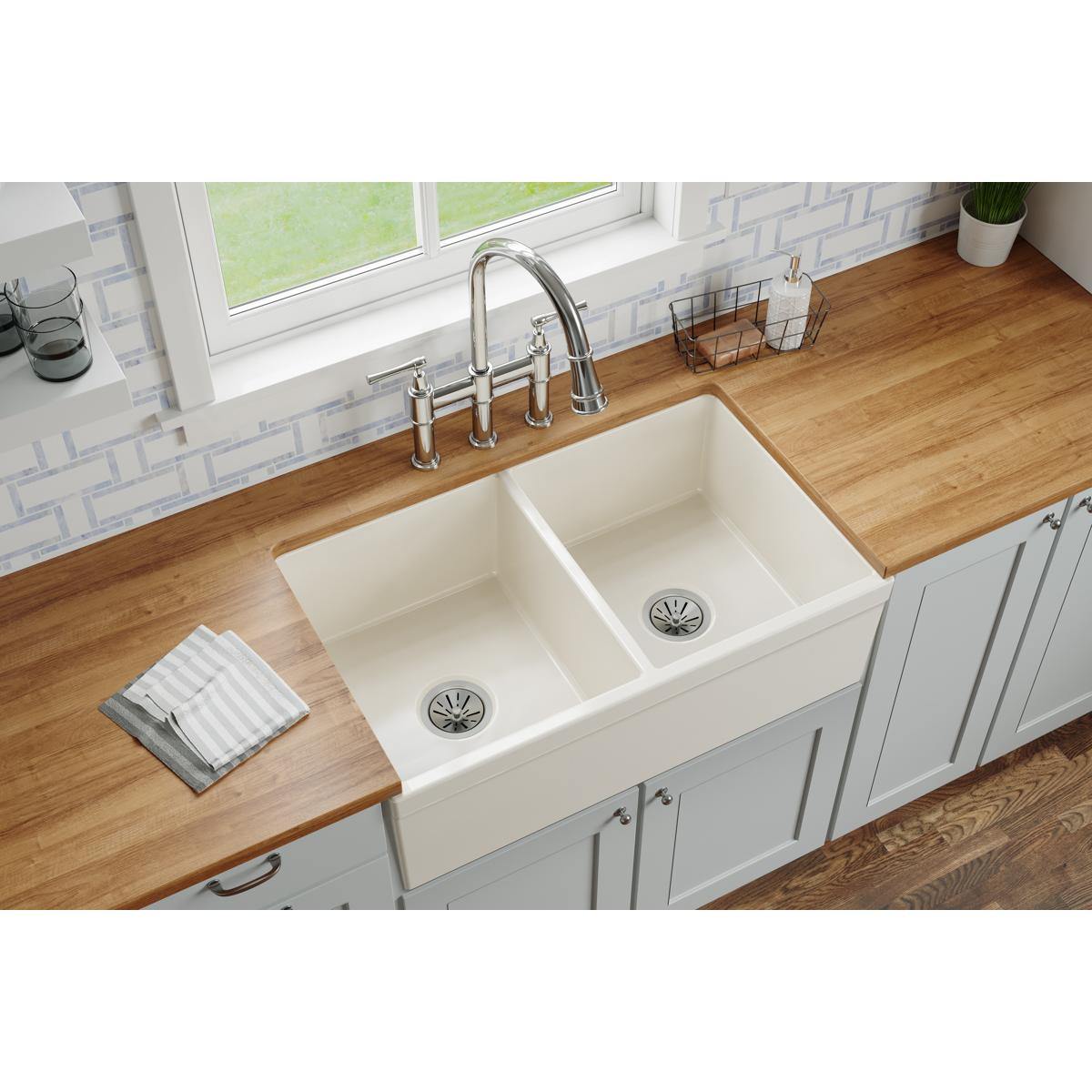 Alternate Image for Elkay 33" Fireclay Farmhouse Kitchen Sink, 50/50 Double Bowl, Biscuit, SWUF32189BI