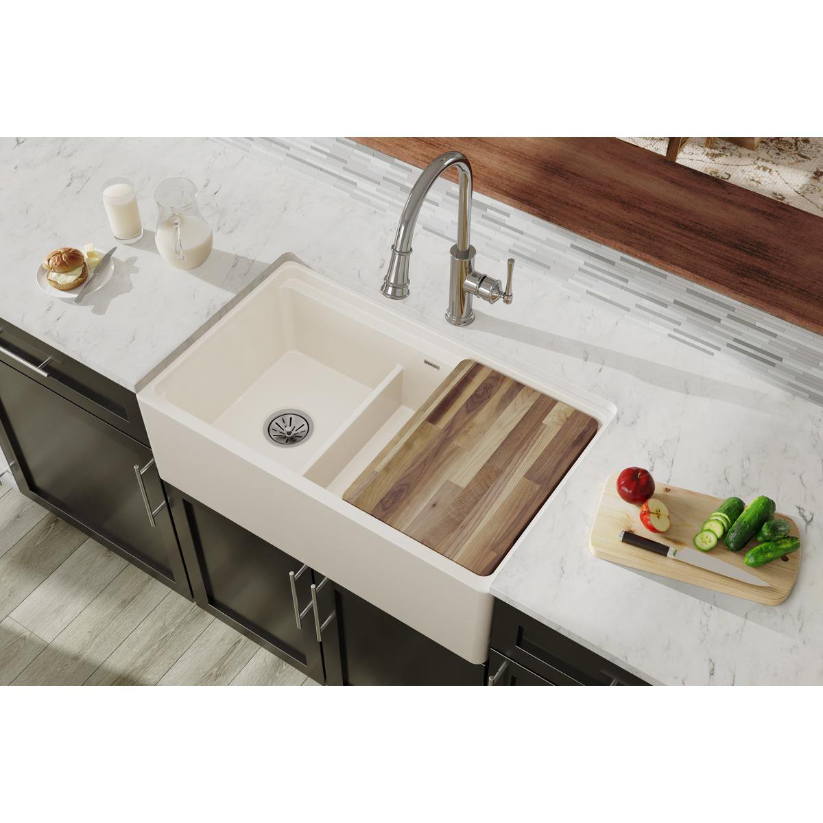 Alternate Image for Elkay 33" Fireclay Farmhouse Kitchen Sink, 40/60 Double Bowl, Biscuit, SWUF3320BI