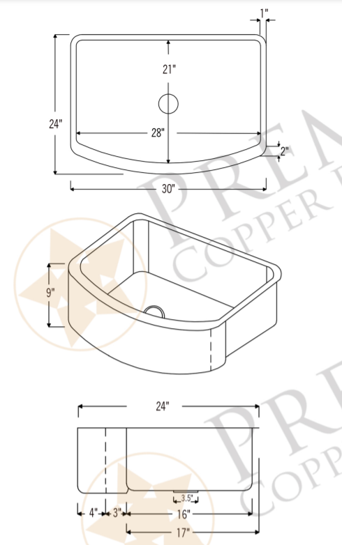 Dimensions of Premier Copper Products 30" Copper Farmhouse Sink, Oil Rubbed Bronze, KASRDB30249
