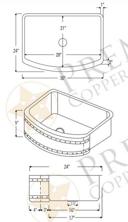 Dimensions of Premier Copper Products 30" Copper Farmhouse Sink, Oil Rubbed Bronze, KASRDB30249BS