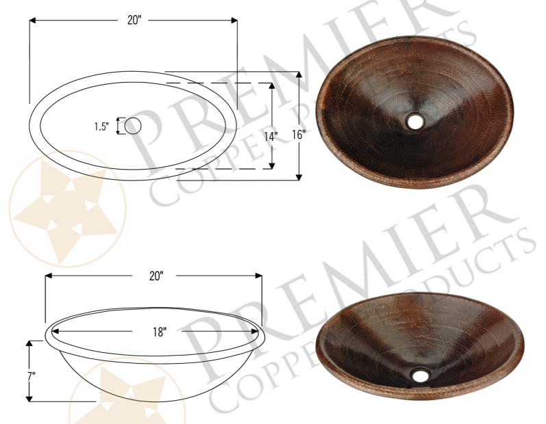 Dimensions of Premier Copper Products 20" Oval Copper Bathroom Sink, Oil Rubbed Bronze, LO20RDB