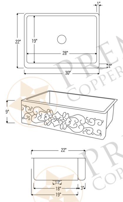 Dimensions of Premier Copper Products 30" Copper Farmhouse Sink, Oil Rubbed Bronze, KASDB30229S