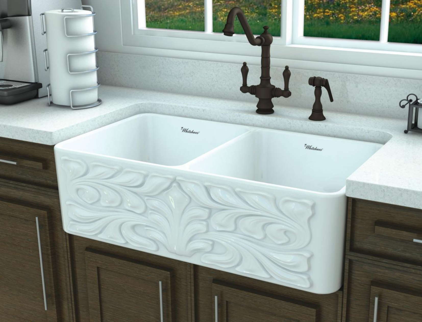 Whitehaus 33" Fireclay Double Bowl Farmhouse Apron Sink, White, WHFLGO3318 - The Sink Boutique