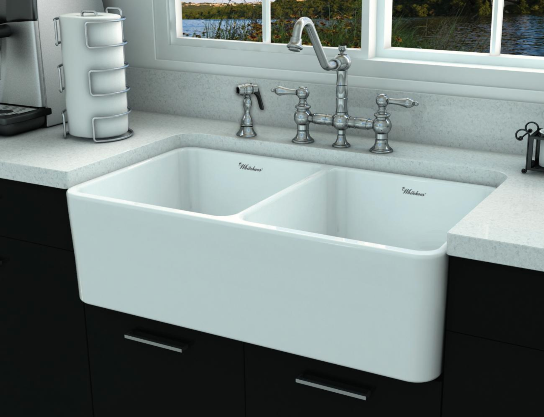 Whitehaus 33" Fireclay Double Bowl Farmhouse Apron Sink, White, WHFLPLN3318 - The Sink Boutique