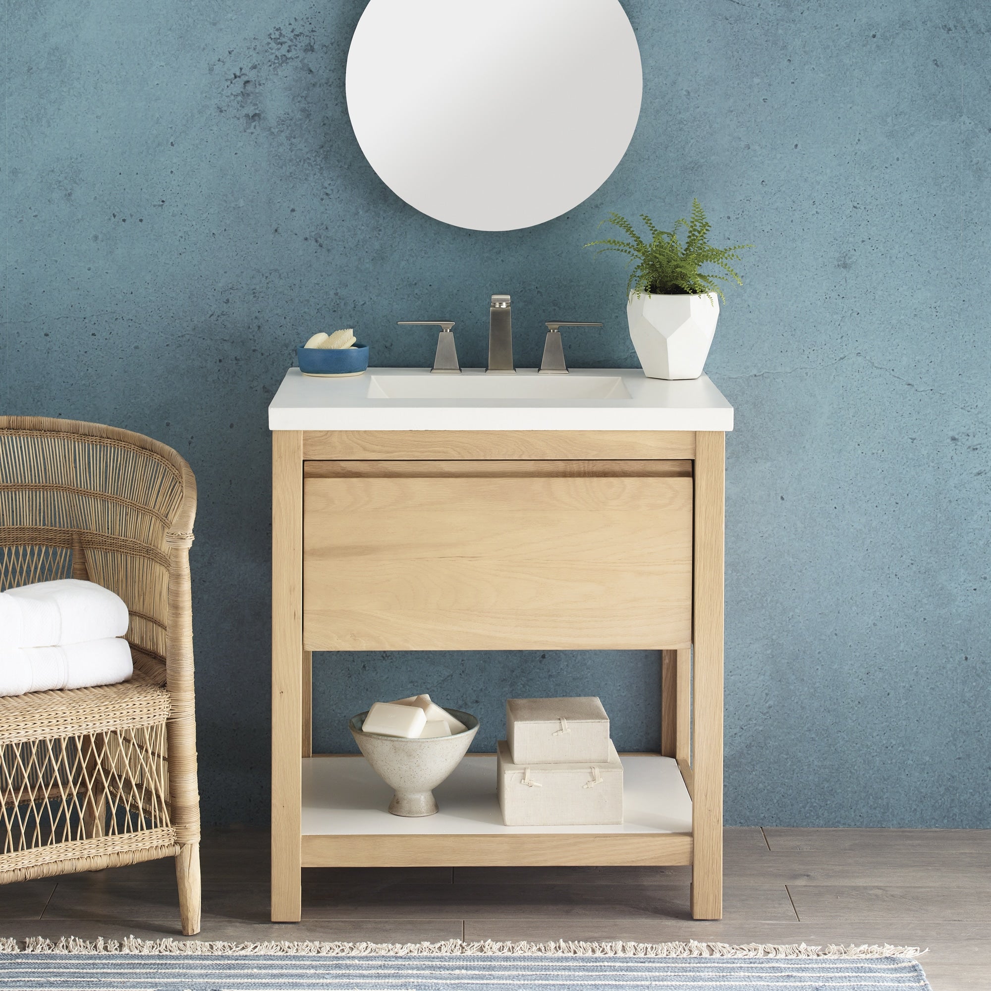 Native Trails 30" Solace Freestanding Vanity Base in Sunrise Oak with Pearl Shelf, VNO301-P