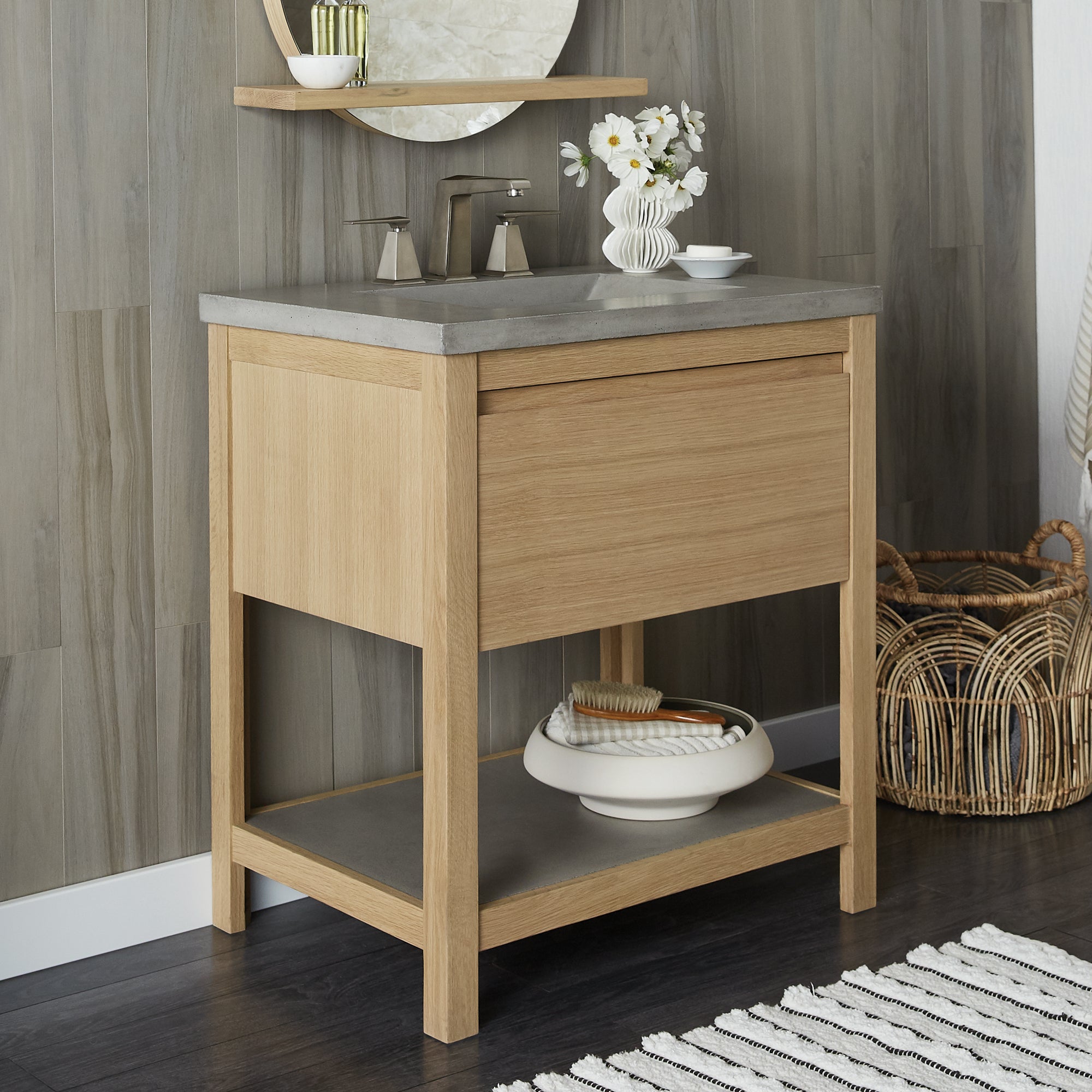Native Trails 30" Solace Vanity Base in Sunrise Oak with Palomar Vanity Top and Sink, Ash, VNO301-A-NSVNT30-A