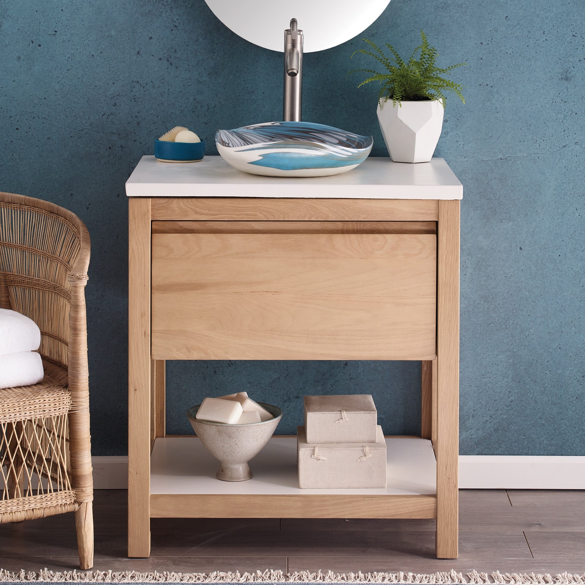 Native Trails 30" Solace Freestanding Vanity Base in Sunrise Oak with Pearl Shelf, VNO301-P