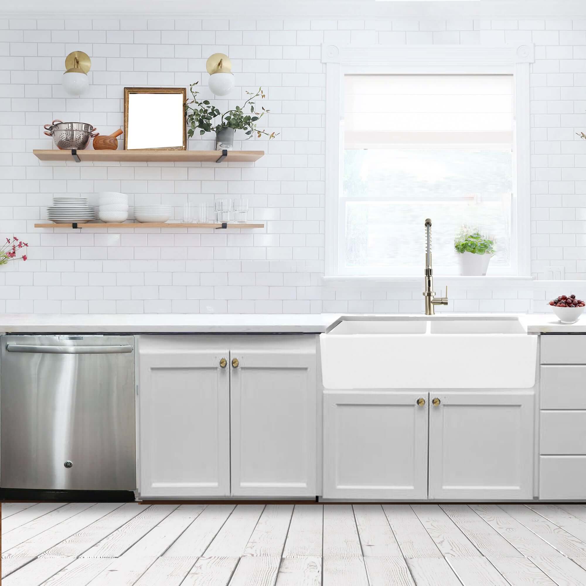 Alternate Image for Nantucket Sinks Cape 36" Fireclay Farmhouse Sink with Accessories, White, T-FCFS36-DBL