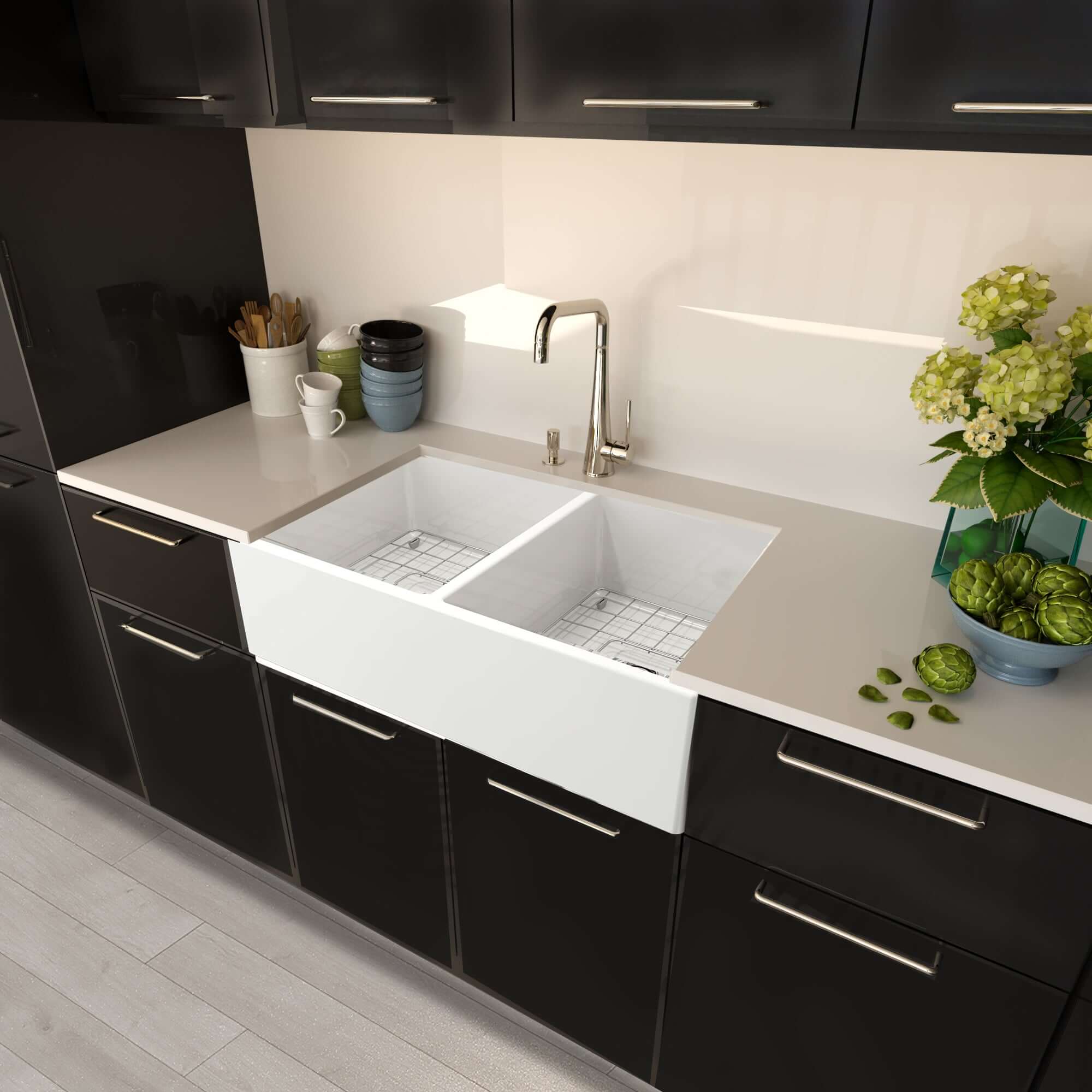 Alternate Image for Nantucket Sinks Cape 36" Fireclay Farmhouse Sink with Accessories, White, T-FCFS36-DBL