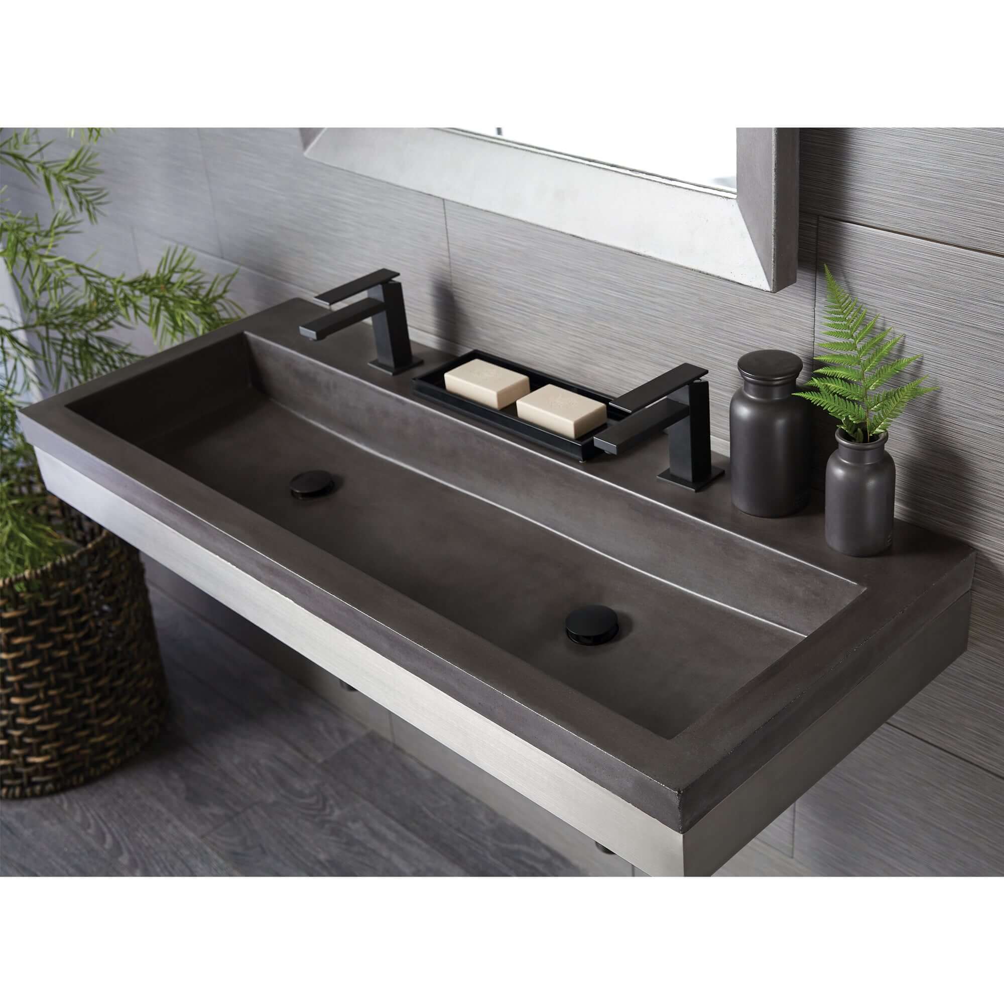 Alternate Image for Native Trails Trough 48" Rectangle NativeStone Concrete Bathroom Sink, 2 Faucet Holes, Slate, NSL4819-S