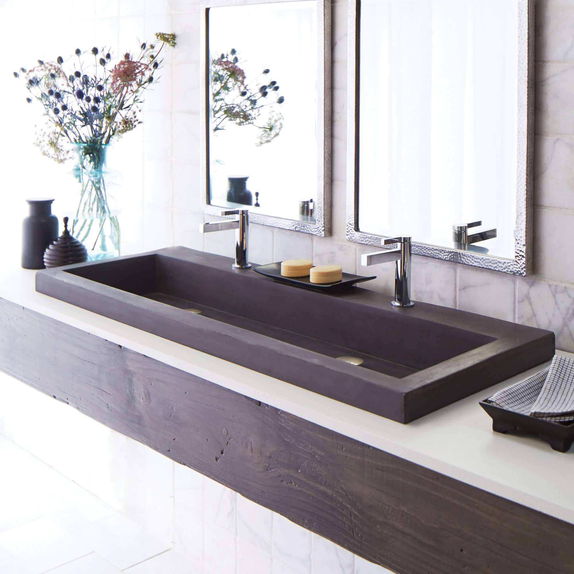 Alternate Image for Native Trails Trough 48" Rectangle NativeStone Concrete Bathroom Sink, 2 Faucet Holes, Slate, NSL4819-S
