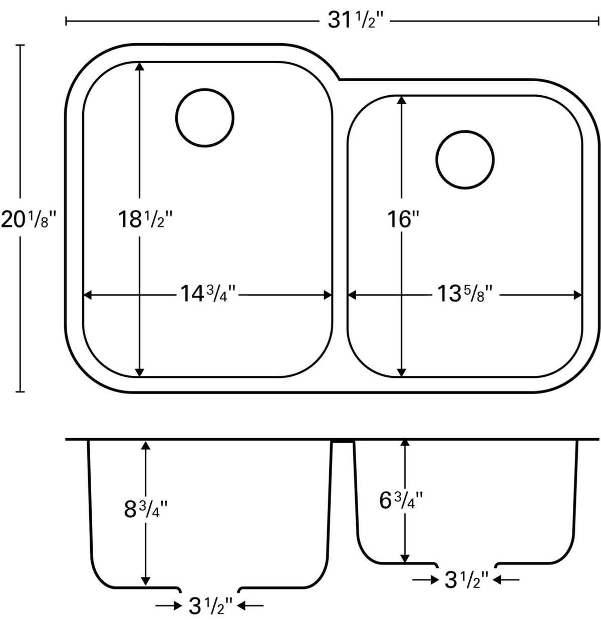 Alternate Image for Karran 32" Undermount Stainless Steel Kitchen Sink, 60/40 Double Bowl, 18 Gauge, U-6040R