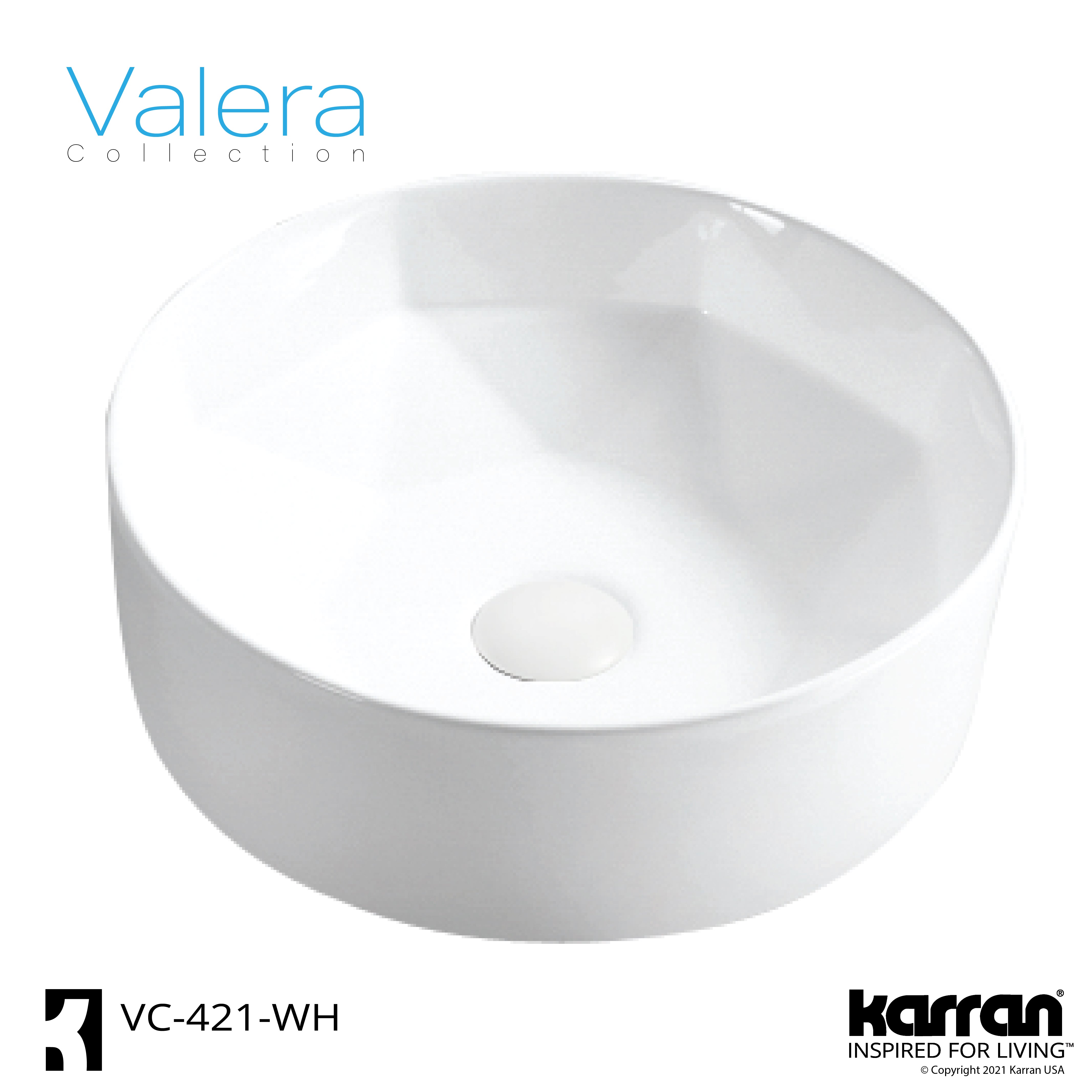 Karran Valera 16" x 16" x 4.5" Round Vessel Vitreous China ADA Bathroom Sink, White, VC-421-WH